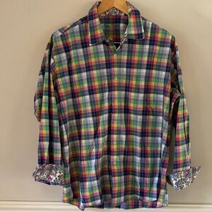 Alan Flusser Multicolor Plaid Button-Down Shirt with Contrast Cuffs, Colllar